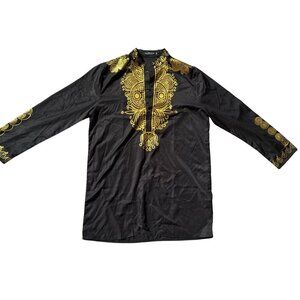 Mens Black & Gold Dashiki Shirt By Lue Matton XL Long Sleeve Traditional African